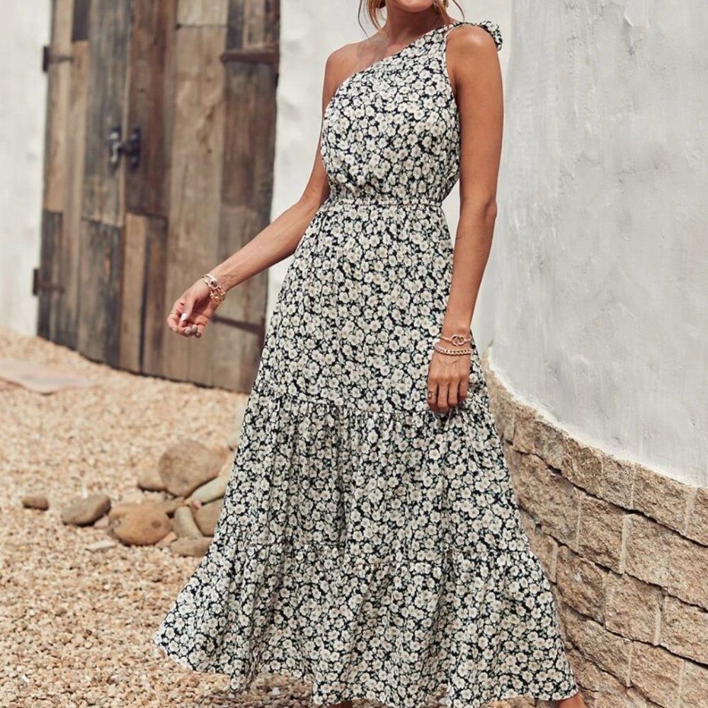 Allover Floral One Shoulder A-line Dress  Multicolor / 6 asymmetrical flower
